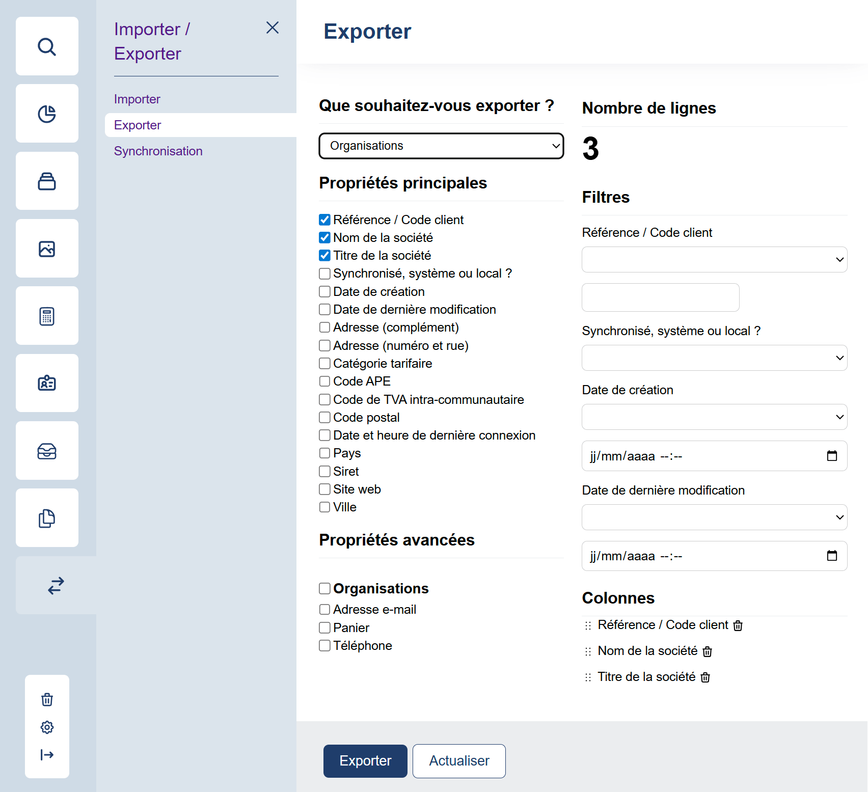 Exporter : paramétrer les données à exporter
