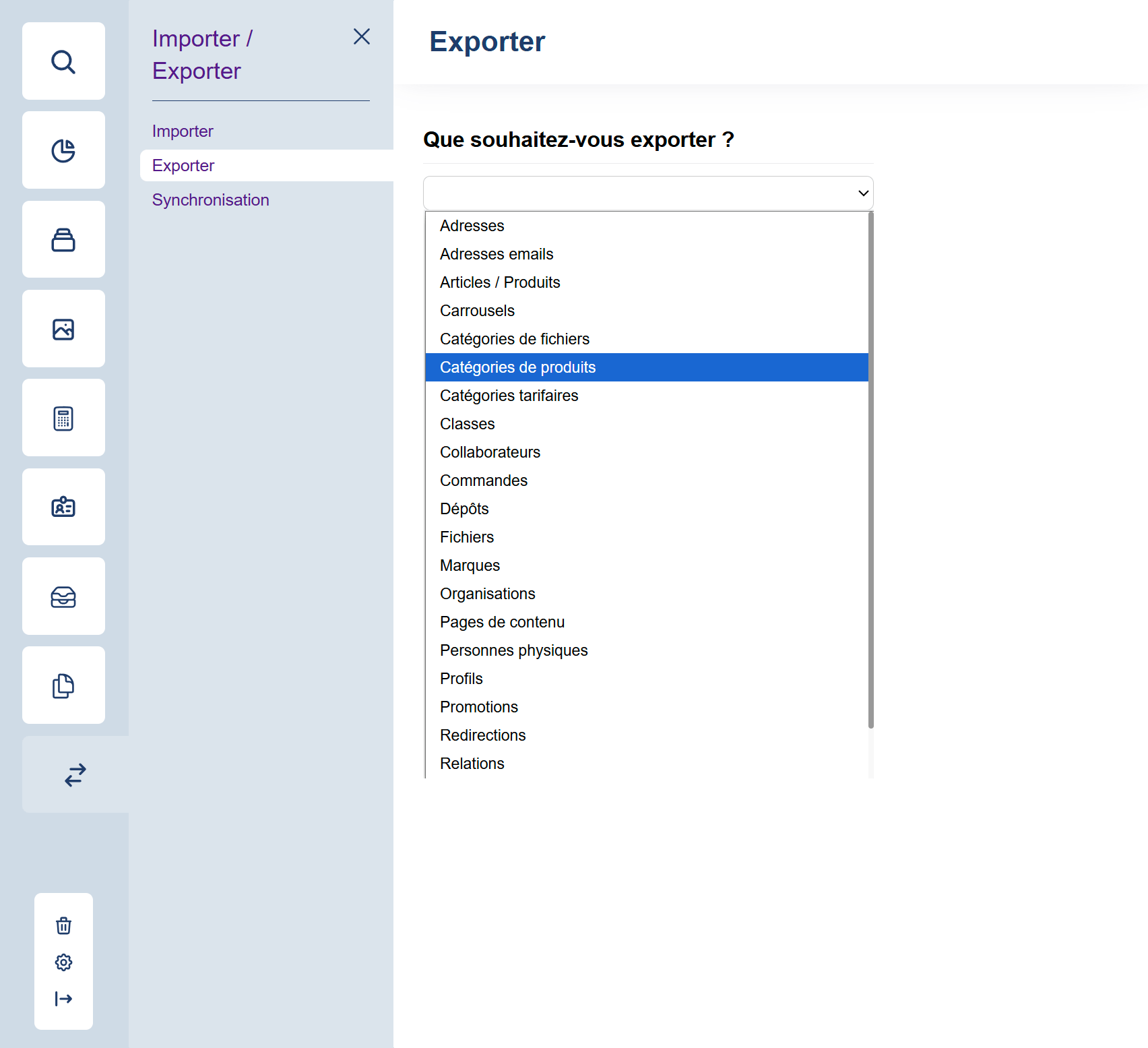 Exporter : choisir le type de contenu