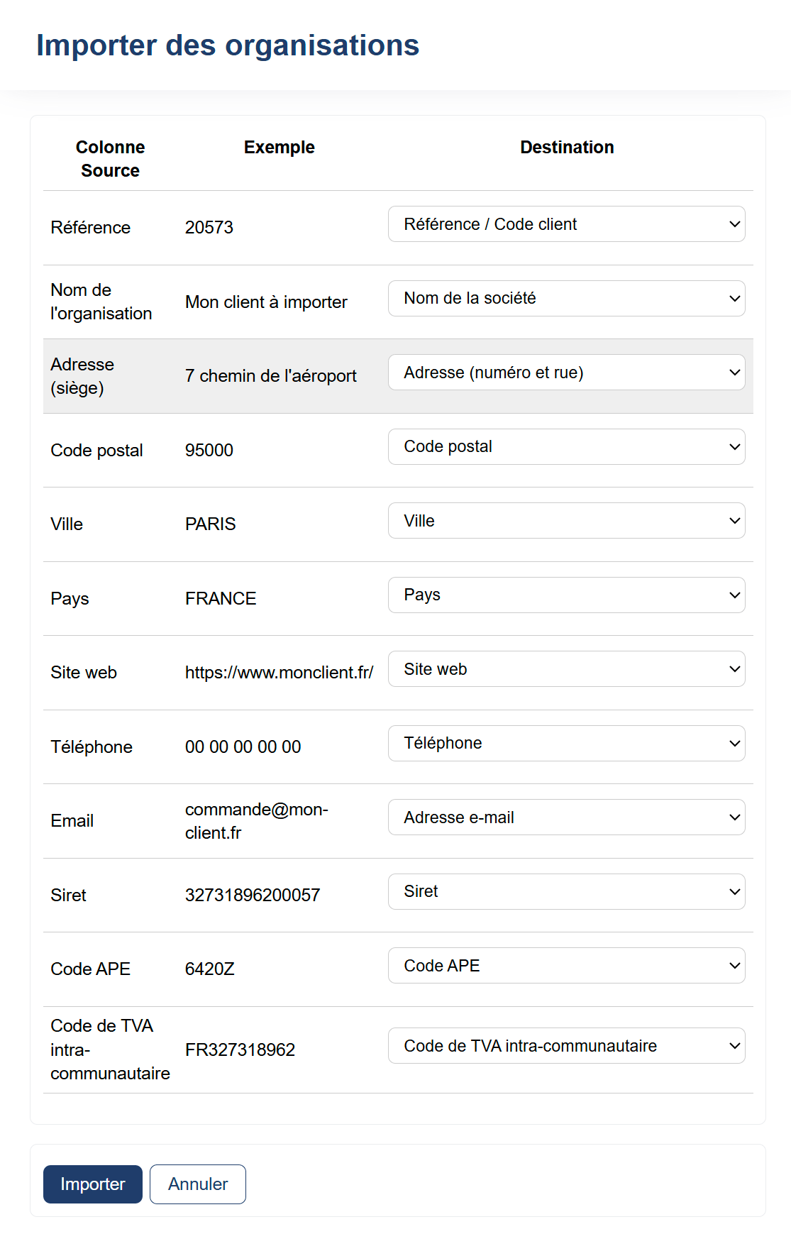 Importation / Correspondance
