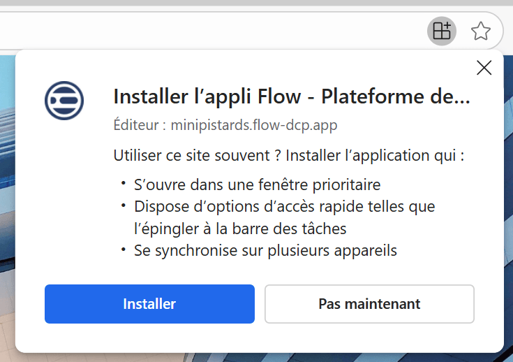 Popup Installer Flow sur Microsoft Edge